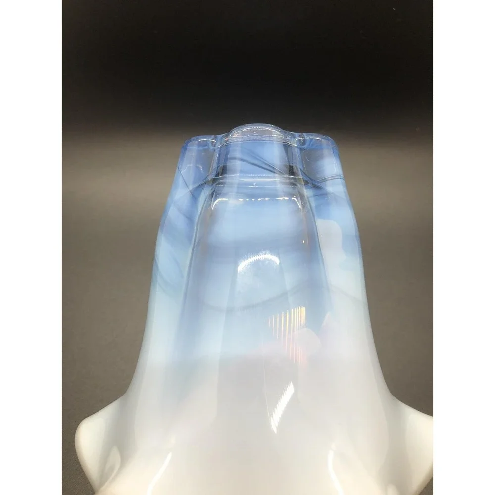 Blue White Opalescent Fade Art‎ Glass Vase Ruffled Rim MCM Style 4